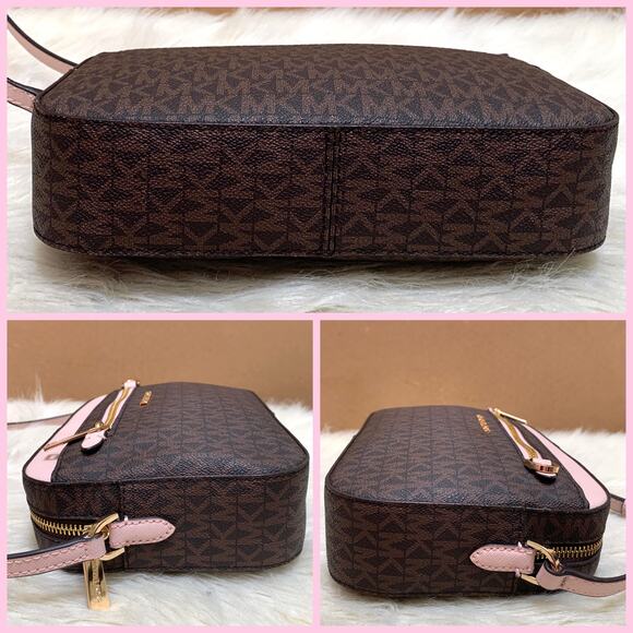 MICHAEL KORS Jet Set Logo Chain Camera XBody Bag Dark Brown Logo Pink Trim - Picture 5 of 16